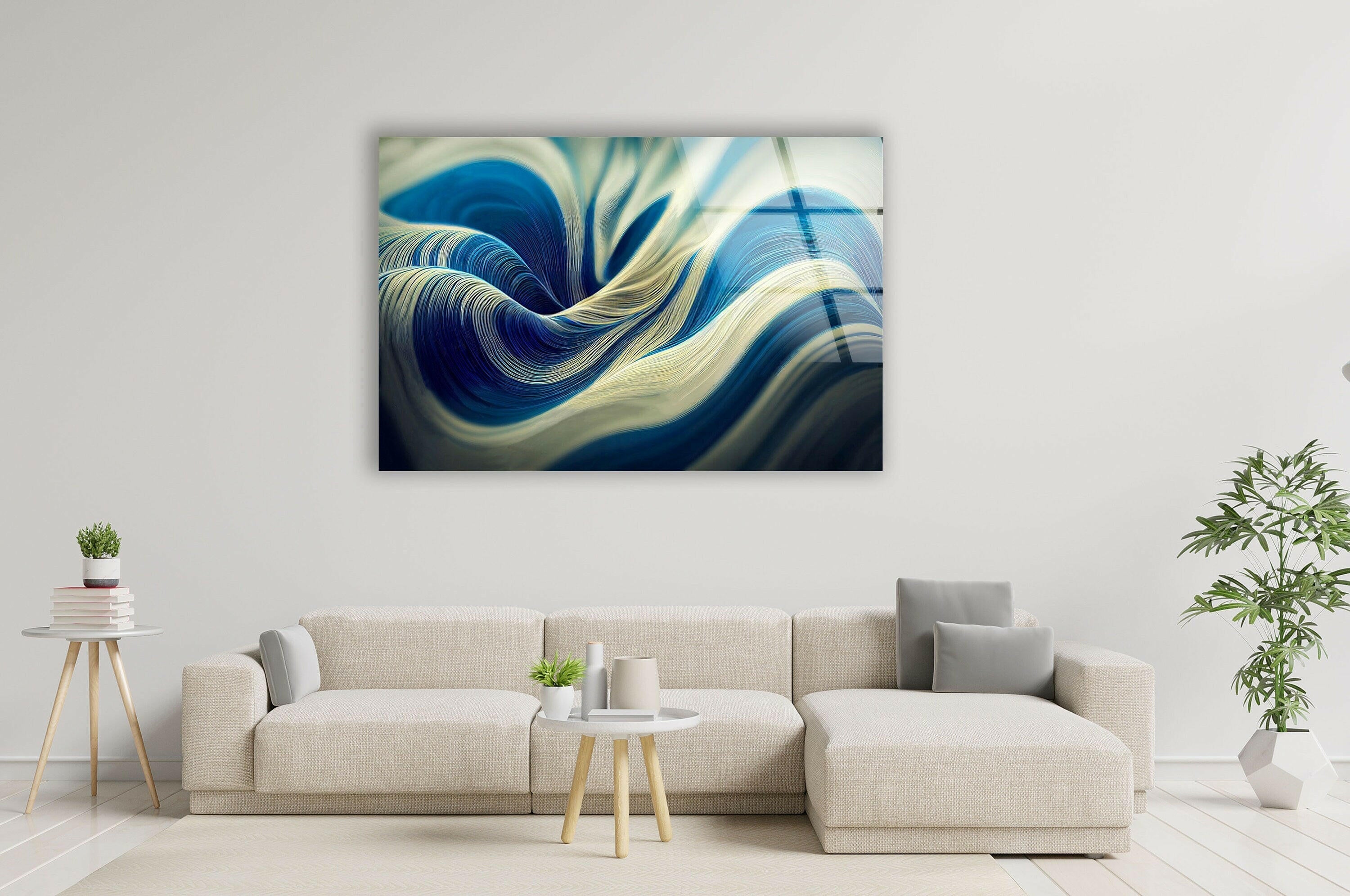 Blue Dream Waves Abstract Glass Wall Art - Handmade Modern Ocean Wave Decor for Living Room, Bedroom & Office - Perfect for Coastal & Boho Home Decor
