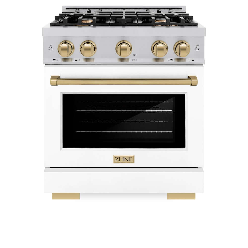 ZLINE Autograph Edition 30 Inch 4.2 Cu Ft Gas Range with 4 Burner Cooktop & Convection Oven - Stainless Steel with White Matte Door & Champagne Bronze Accents | Professional Kitchen Appliance for Home Chefs & Modern Cooking