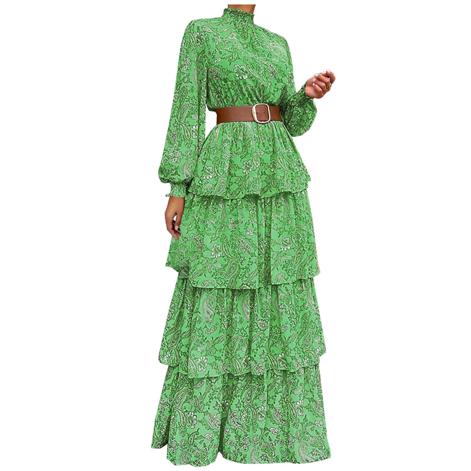 Women's Fashion Long Sleeve Turtle Neck Patchwork Dress with Waistband & Belt | Casual Elegant Printed Maxi Dress for Fall 2022 | Perfect for Office, Date Night & Holiday Parties