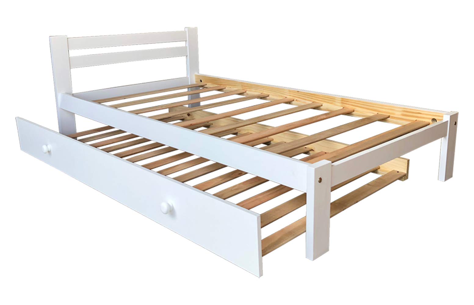 White Twin Bed with Trundle - Solid Pine Wood Frame with Hardwood Slats - Kids Bedroom Furniture for Boys & Girls - Perfect for Sleepovers, Small Spaces & Guest Rooms