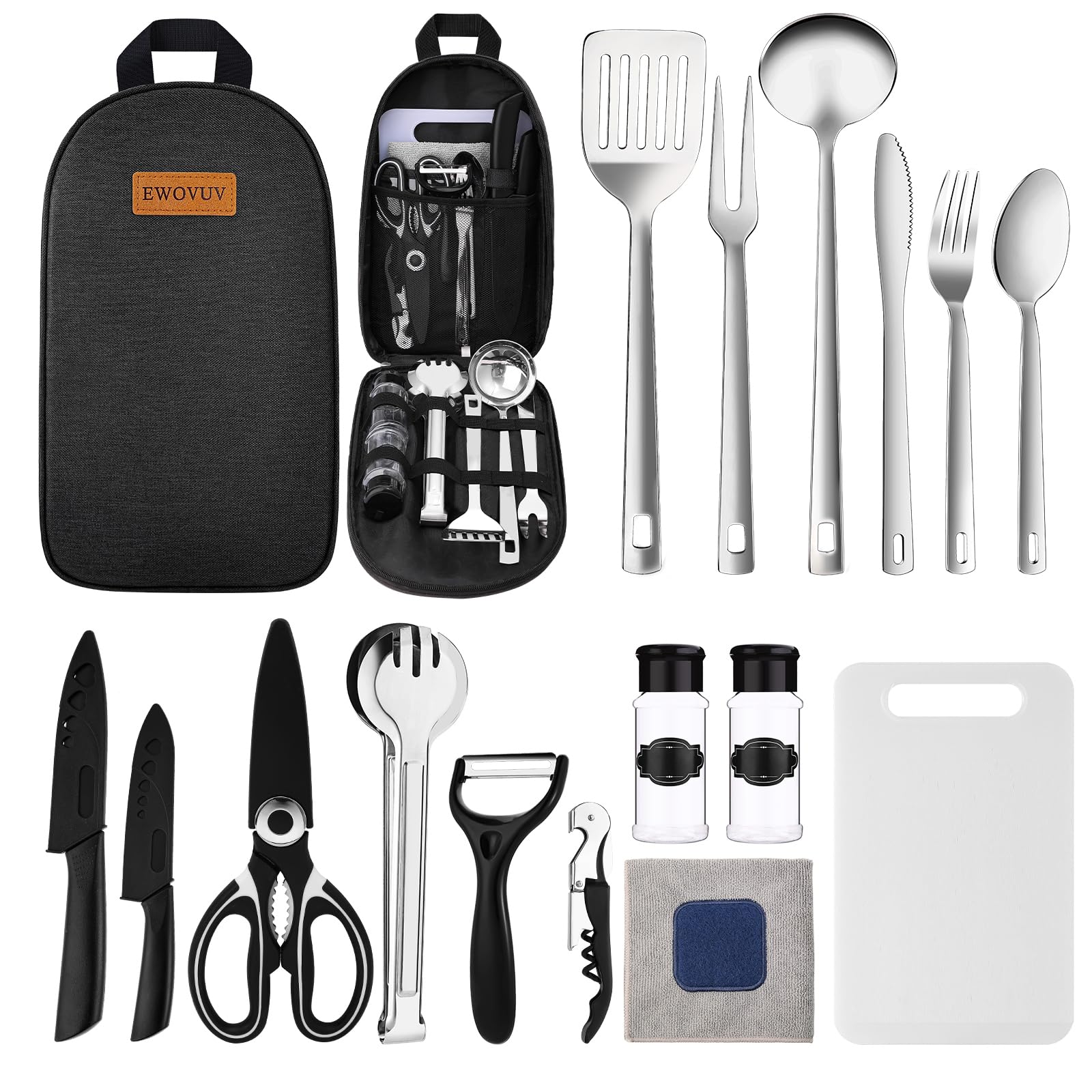 **Premium Camping Cooking Utensils Set - 15-Piece Portable Cookware Kit for Outdoor Camping, RV, Picnic & BBQ | Essential Camping Gear & Accessories for Women & Men | Durable, Lightweight & Compact Design**    *(Use for camping trips, RV adventures, backyard BBQs, picnics, hiking, and outdoor cooking!)*