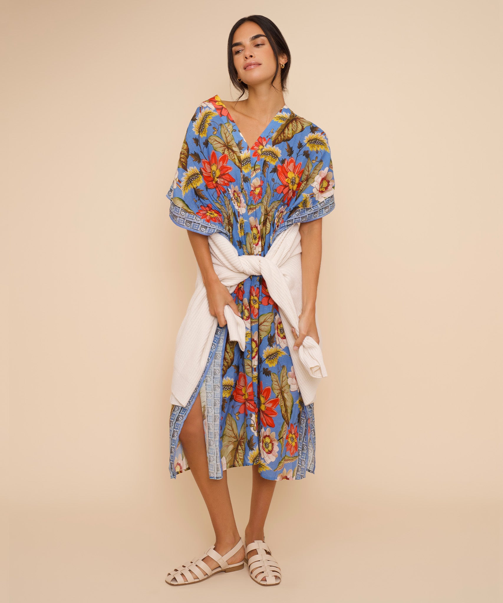 Elegant Floral Print Maxi Caftan Dress for Women - Summer Beach Cover Up, Boho Chic Loungewear, Poolside Party Outfit