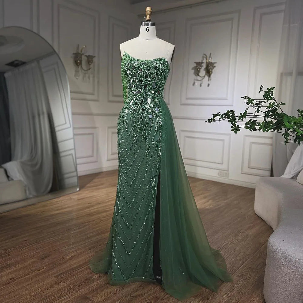 Elegant Green Mermaid Evening Gown with Spaghetti Straps & High Slit - Beaded Sequined Party Dress for Women 2025 | Perfect for Prom, Gala & Formal Events - LA72212