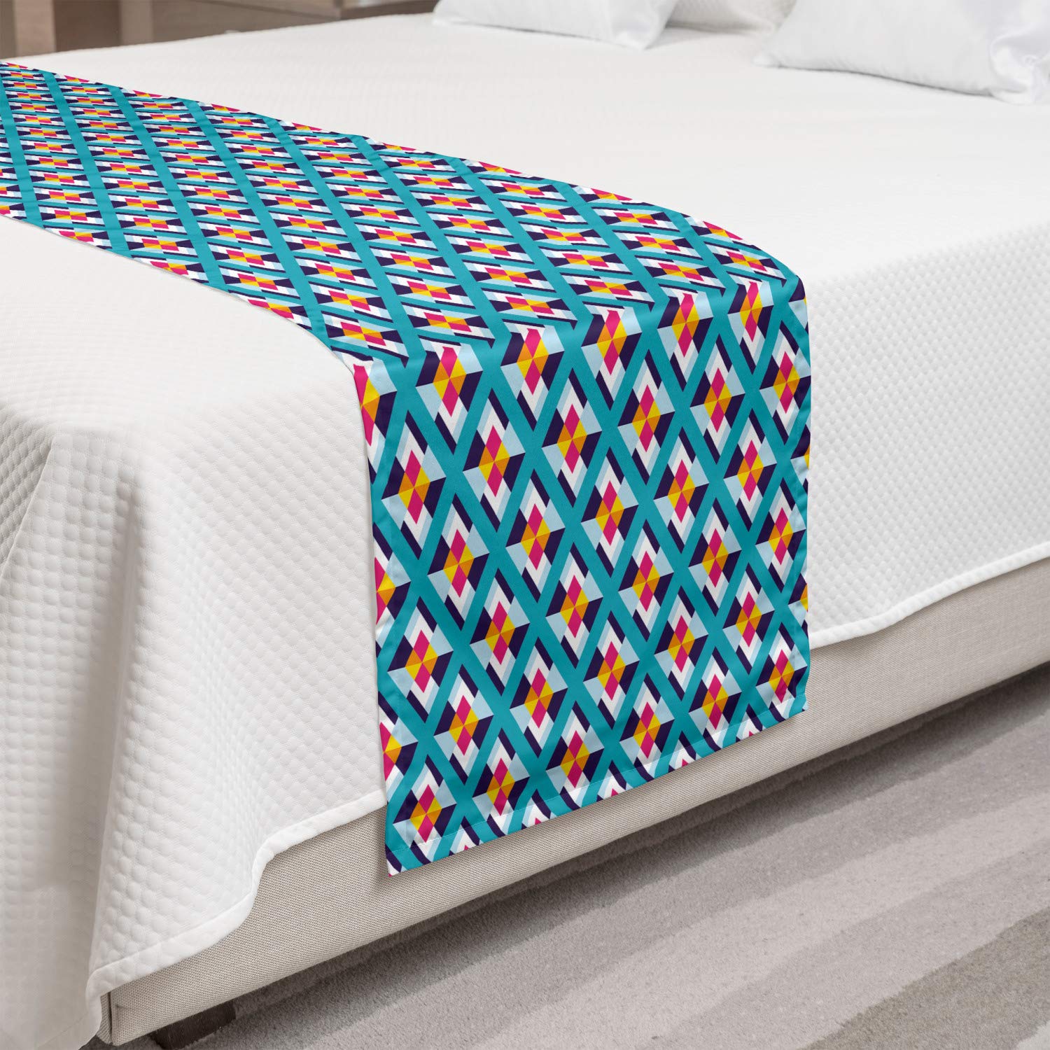 Ambesonne Abstract Bed Runner with Geometric Triangle Design - Decorative Bedding Scarf for King Size Beds in Sea Blue & Magenta | Perfect for Hotels, Homes & Guest Rooms | Adds Elegance to Bedroom Decor