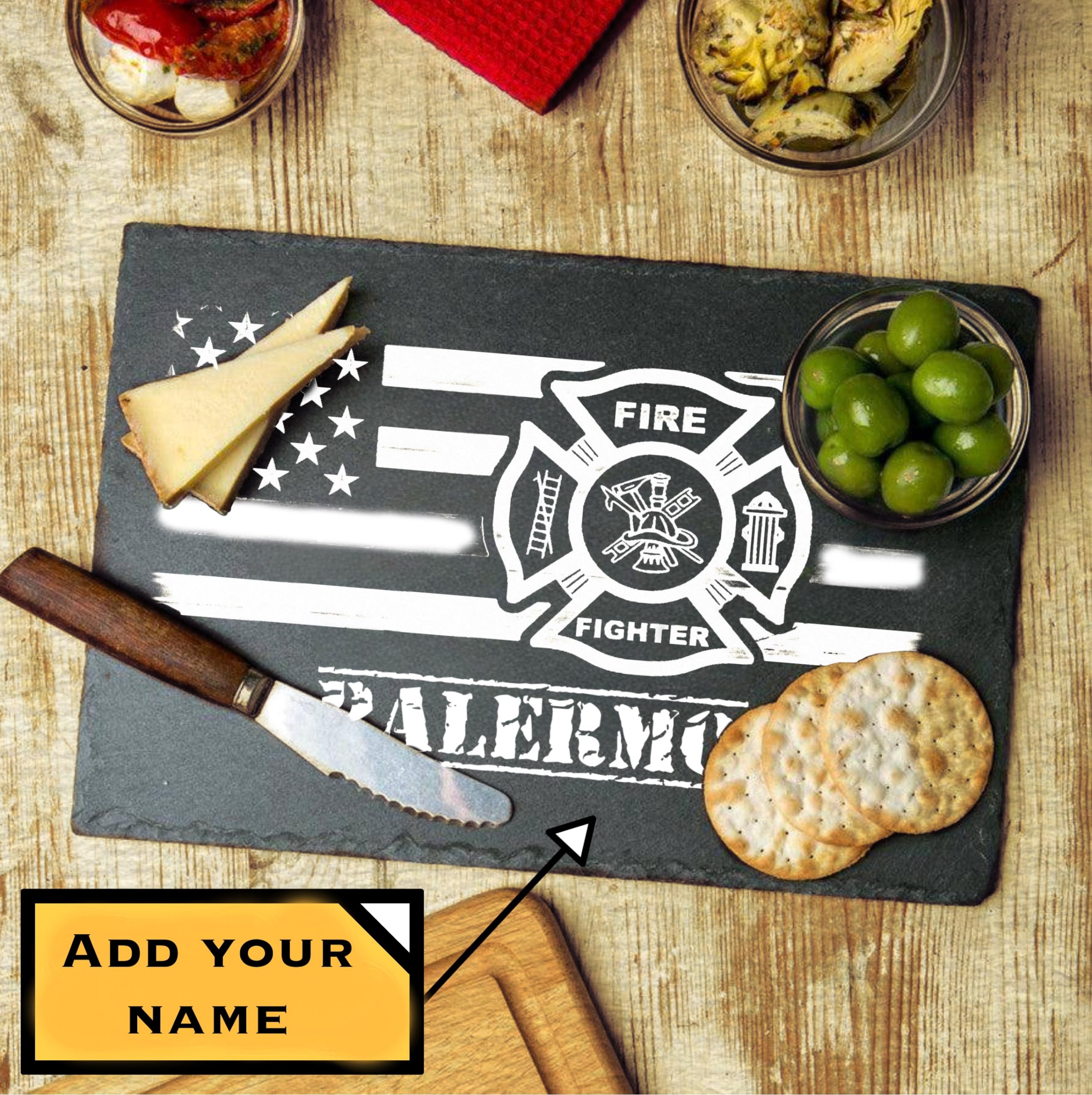 Personalized Firefighter Whiskey Decanter Set with 2 Glasses & Engraved Slate Board - Custom Fireman Axe Design & Thin Red Line USA Flag - Retirement, Anniversary, Graduation Gift for Men - Elegant Gift Box - Perfect for Home Bars, Man Caves & Firefighter Themed Parties