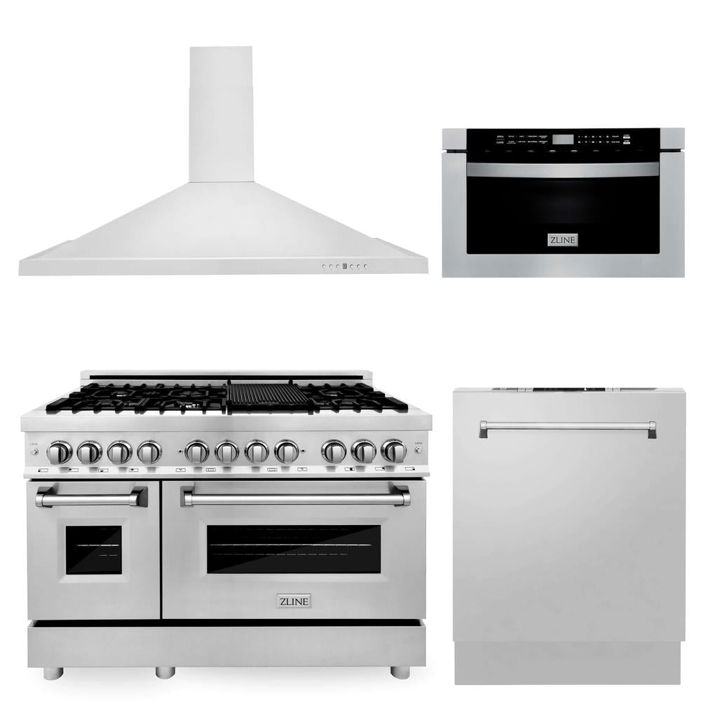 ZLINE 48-Inch Stainless Steel Kitchen Package - Dual Fuel Range, Range Hood, Microwave Drawer & Dishwasher (4KP RARH48 MWDW) | Premium Appliance Bundle for Modern Kitchens & Home Renovations