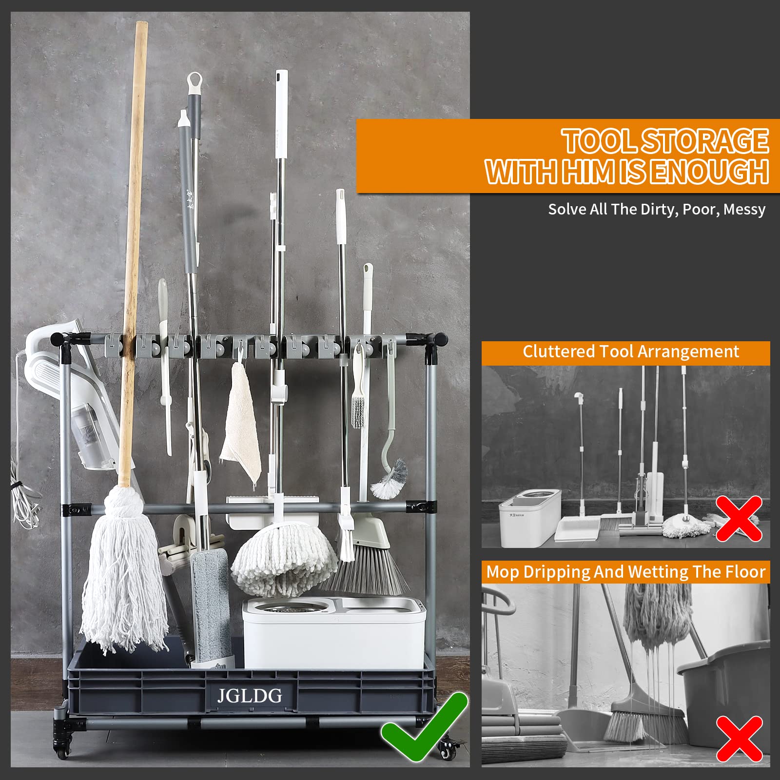 Multifunctional Cleaning Cart & Tool Organizer - Heavy Duty Broom Mop Holder with Wheels | Perfect for Home, Office & Janitorial Use