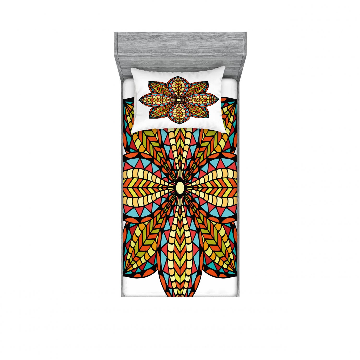 Ambesonne 2-Pack Twin Size Fitted Sheet & Pillow Sham Set - Colorful Mandala Floral Pattern Bedding Decor (4-Piece Set) for Boho Chic Bedroom, Guest Room or Dorm Room