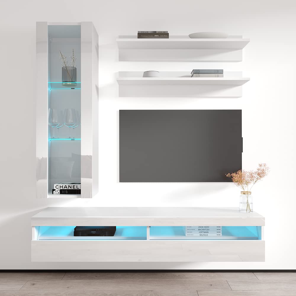 Modern Floating TV Stand with Storage & LED Lights - Wall-Mounted Entertainment Center for Living Room & Bedroom - H2 35TV Console with Shelves - White - Perfect for Small Spaces & Home Theater Setup