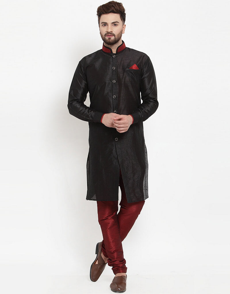 Elegant Black Banarasi Dhupion Silk Kurta with Churidar - Traditional Indian Ethnic Wear for Festivals, Weddings & Special Occasions