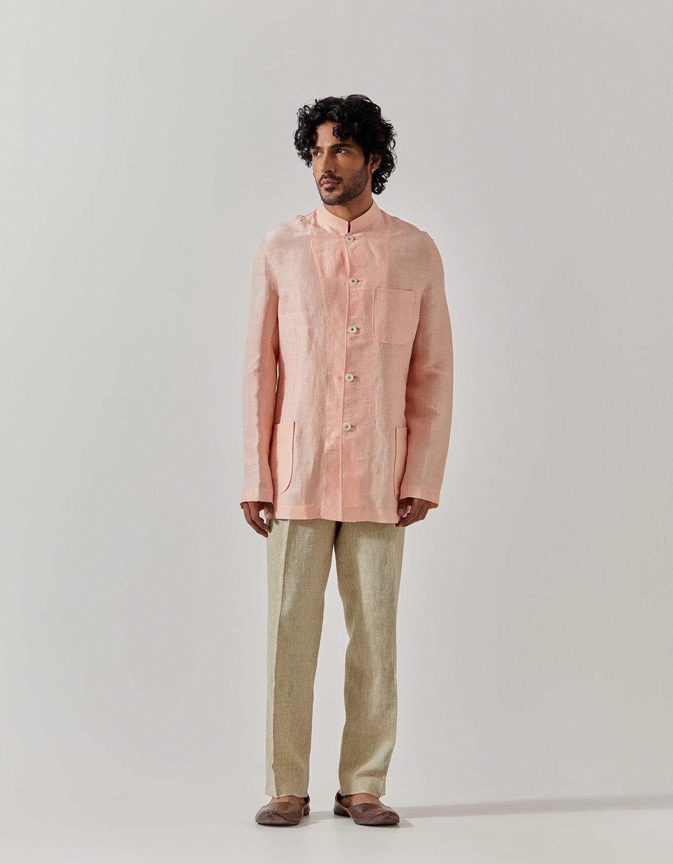 Elegant Bandhgala Jacket in Satin Linen Fabric - Salmon Color for Men | Perfect for Weddings, Parties & Formal Events