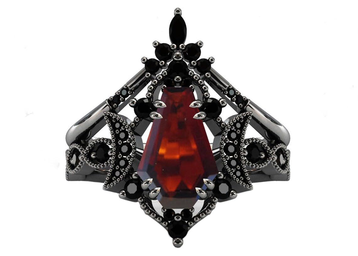 Vintage Coffin Shaped Red Garnet Engagement Ring Set - 2Pcs Art Deco Silver Rings with Black Rhodium Finish for Women, Anniversary Gifts for Wife/Husband, Unique Wedding Band for Couples - Perfect for Romantic Proposals, Valentine's Day & Special Occasions
