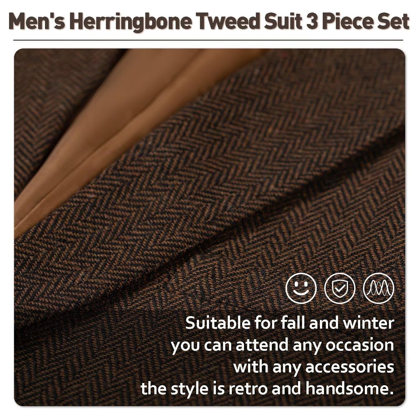 Men's Slim Fit Tweed Herringbone 3-Piece Suit - Wedding, Groomsmen, Prom Tuxedo Set with Jacket, Vest & Pants | Formal Occasions, Business Events & Special Celebrations
