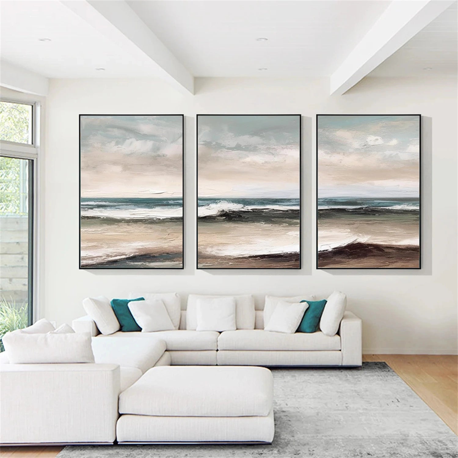 Ocean and Sky Wall Art Set of 3 - Modern Coastal Paintings for Living Room, Bedroom & Office Decor - Blue Seascape Canvas Prints (OS 259)