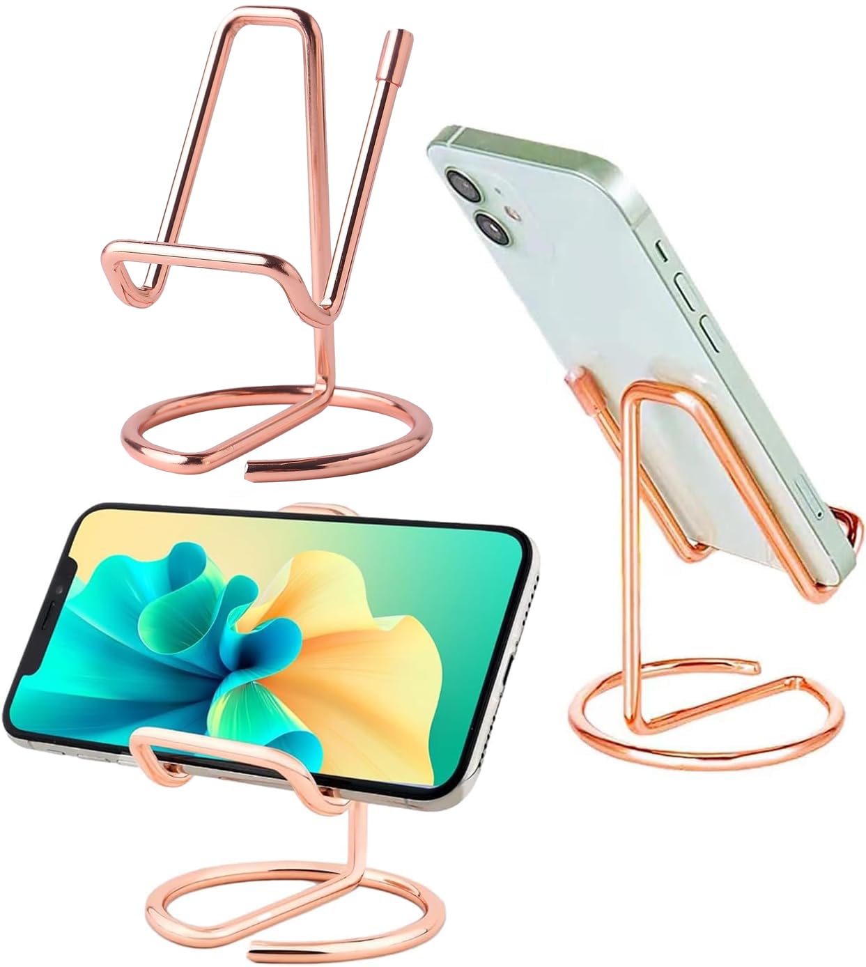 Premium Rose Gold Metal Phone Stand for Desk - Adjustable & Sturdy Cell Phone Holder Dock Compatible with iPhone, Samsung, iPad, Kindle, Switch (2 Pack) - Perfect for Home Office, Gaming & Video Watching