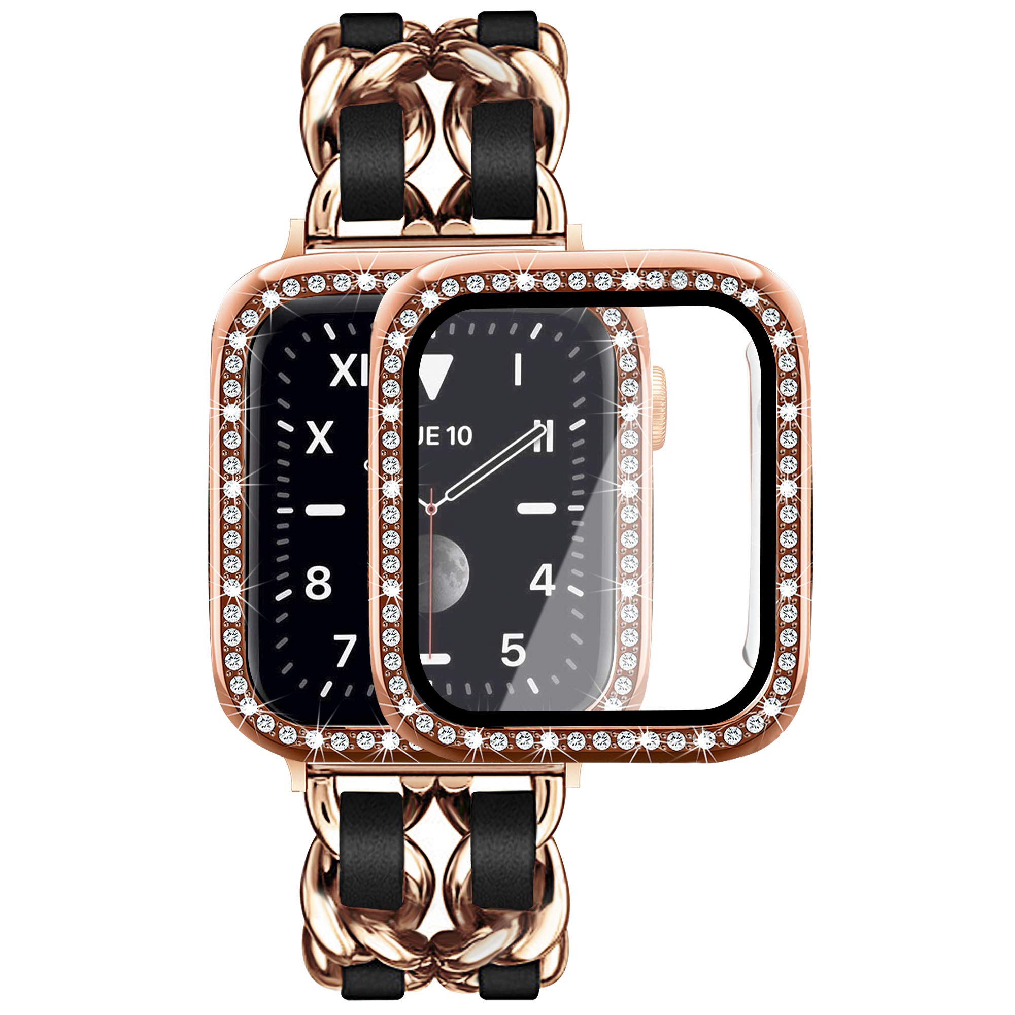 Compatible Apple Watch Band 44mm with Screen Protector & Jewelry Bracelet - Metal Band with 2P Bling Cover for iWatch Series SE/6/5/4 (Rose Gold Link & Black Leather) - Perfect for Women's Fashion, Work & Special Occasions