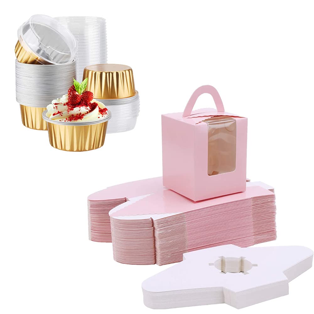 50-Pack 5oz Pink Muffin Liners & Single Cupcake Boxes with Lids - EUSOAR Aluminum Foil Baking Cups & Gift Box Holders for Wedding, Birthday Party, Baby Shower - Perfect for Cake Treats, Dessert Display & Party Favors