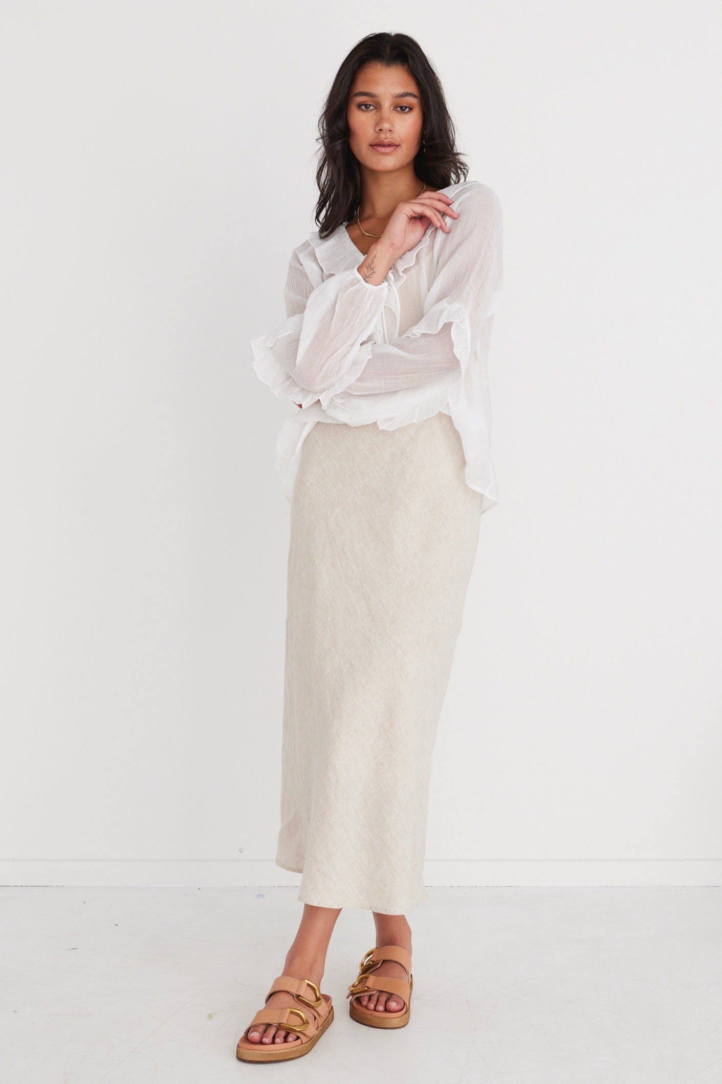 Ivory Sheer Frill Front Top for Women - Elegant Daily Wear Blouse for Casual Outings & Office Attire