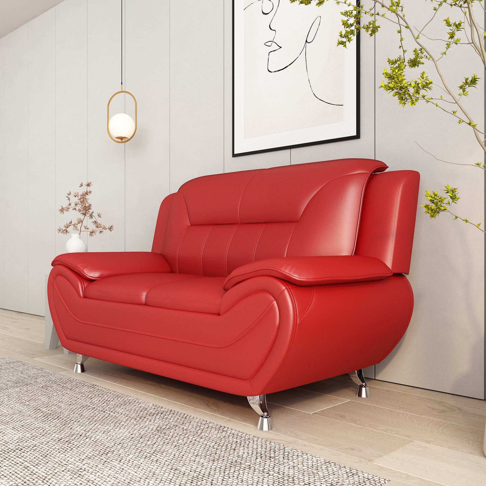 Michael Modern Faux Leather Upholstered Stainless Steel Legs Living Room Chair, Loveseat & Sofa Set in White Dove - Perfect for Contemporary Living Rooms, Offices and Lounge Areas