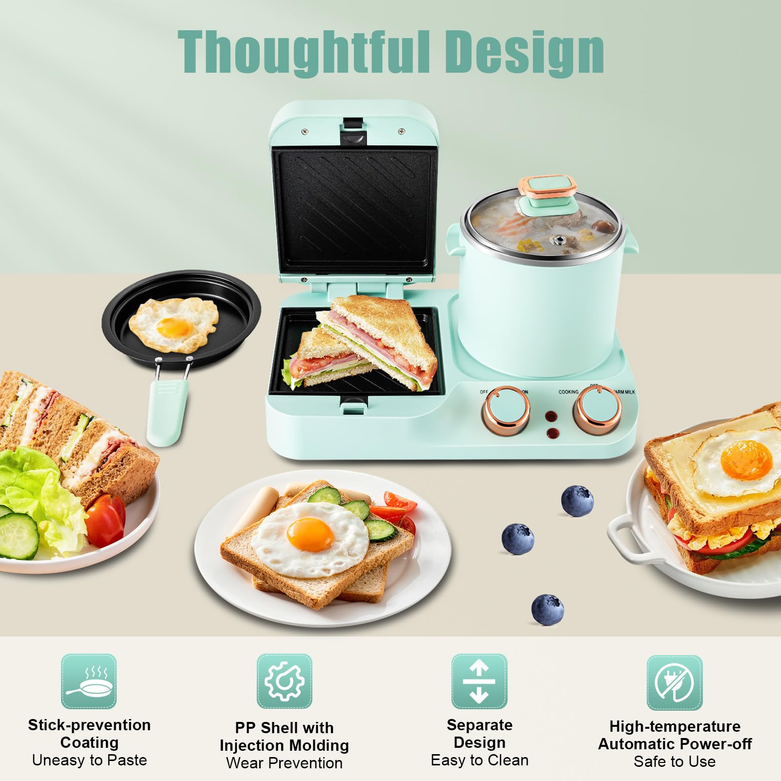 3-in-1 Breakfast Sandwich Maker with Soup Pot & Frying Pan - Electric Hot Dog Bun Toaster for Sandwiches, Pasta & Soup - Perfect for Quick Breakfasts, Office Lunches & Family Meals (110V)