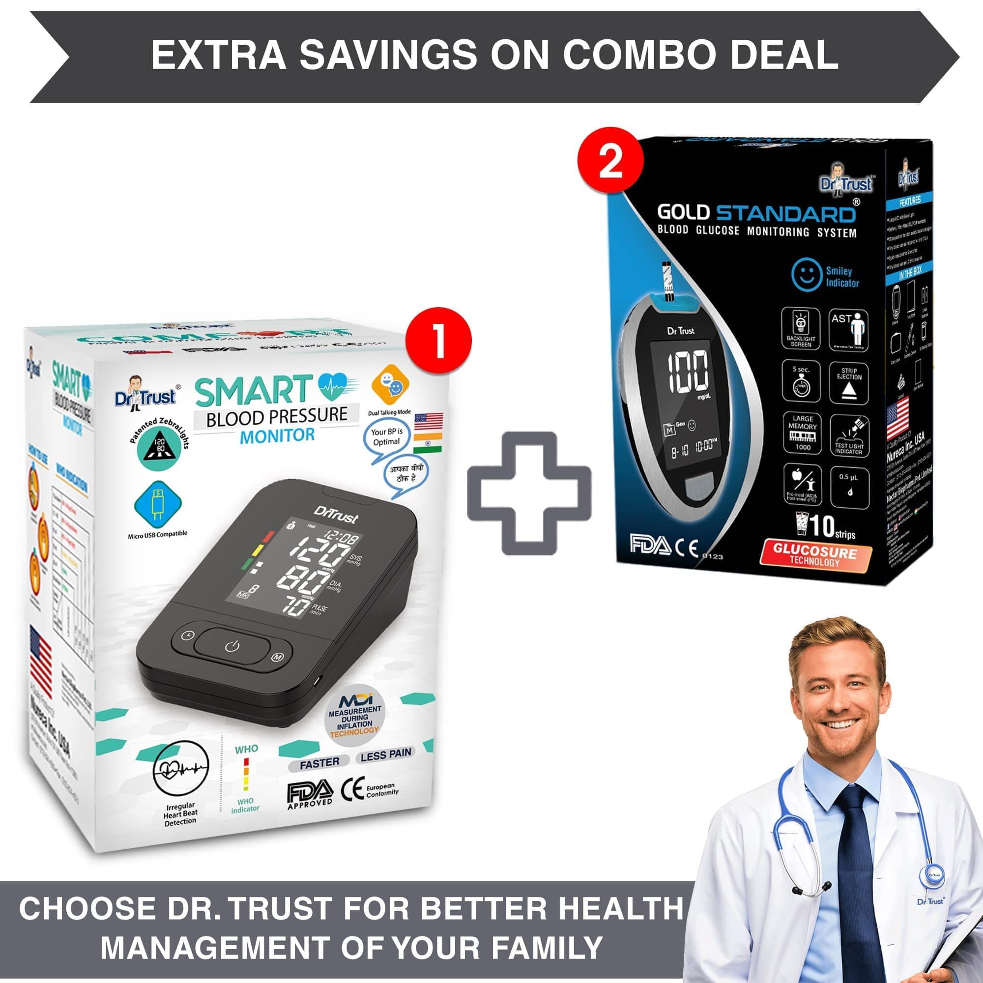 Dr Trust USA Smart Blood Pressure Monitor & Glucose Testing Kit with 10 Test Strips - Home Health Monitoring for Diabetes & Hypertension Care