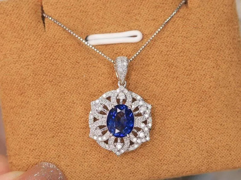 18K White Gold Blue Sapphire Sunflower Pendant Necklace for Women - Natural Diamond Jewelry Gift for Engagement, Anniversary & Special Occasions