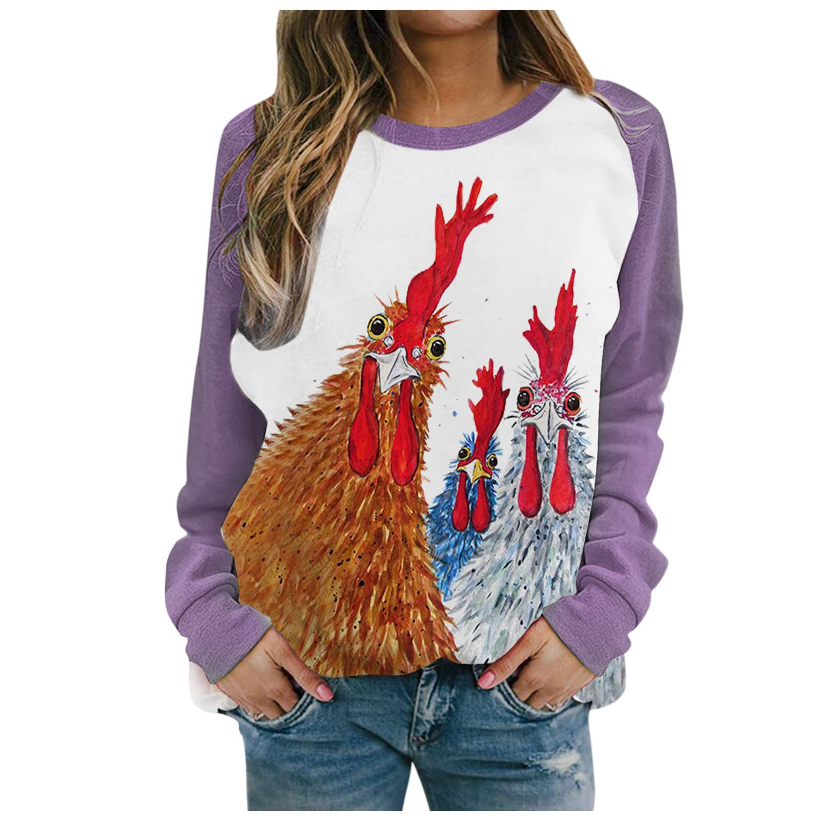 Women's Rooster Graphic Sweatshirt - Casual Crewneck Loose Pullover Long Sleeve Top | Perfect for Everyday Wear, Weekend Outings & Cozy Fall Fashion