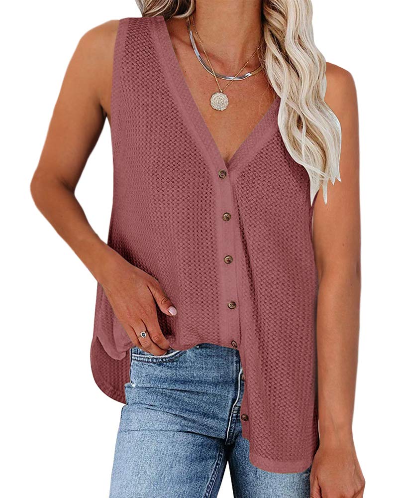 Women's V-Neck Button Down Tank Top - Waffle Knit Sleeveless Tee for Summer Casual Wear | Perfect for Beach, Vacation & Everyday Outfits