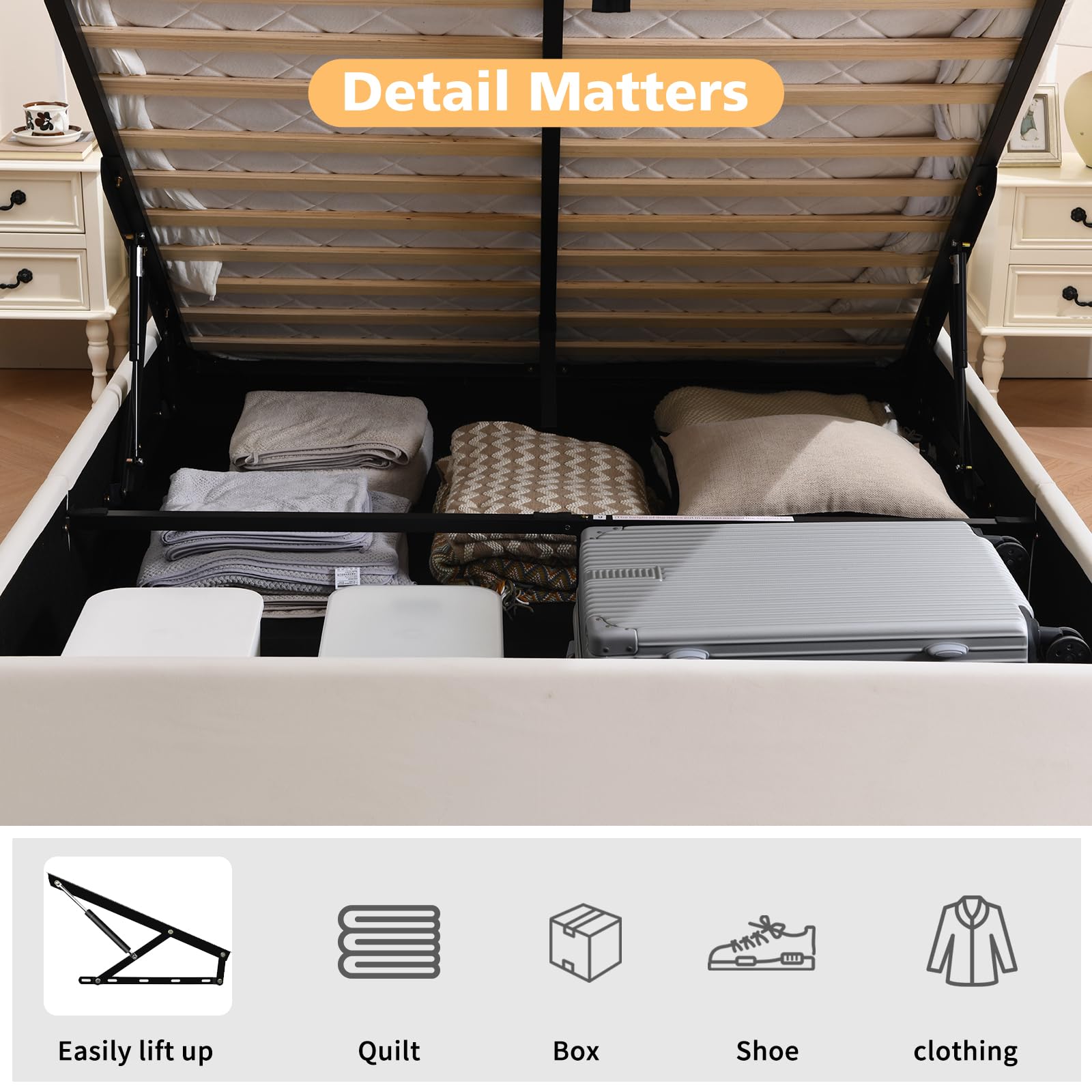 VELOCAVA Queen Size Upholstered Platform Storage Bed with Wingback Headboard - Hydraulic Lift Up Design, No Box Spring Needed, Large Under Bed Storage Space - Perfect for Small Bedrooms & Guest Rooms (White)