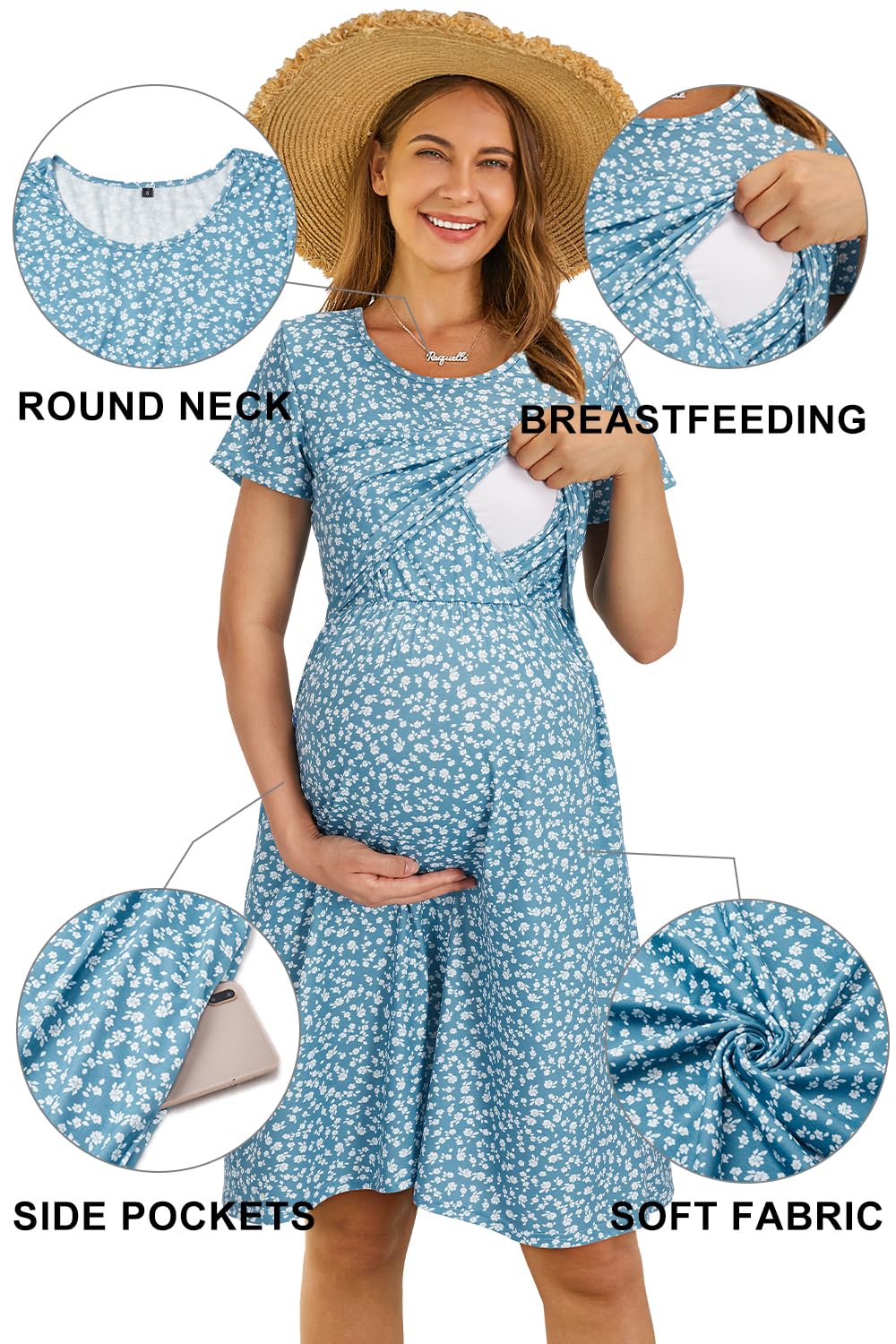 OUGES Women's 2025 Short Sleeve Floral Maternity Dress - Nursing Gown & Breastfeeding Clothes for Summer | Perfect for Pregnancy, Nursing, and Casual Outings