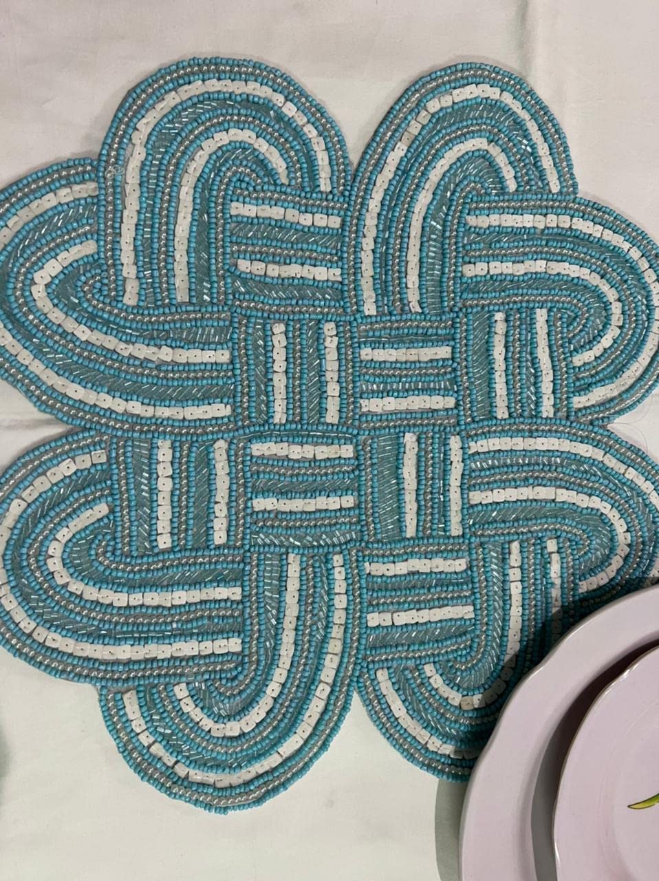 HM Creations Blue Floral Beaded Placemats Set of 4 - 13x13 Inch Luxury Table Mats for Dining, Spring Decor & Special Occasions - Elegant Charger Plates for Wedding, Party & Home Decor
