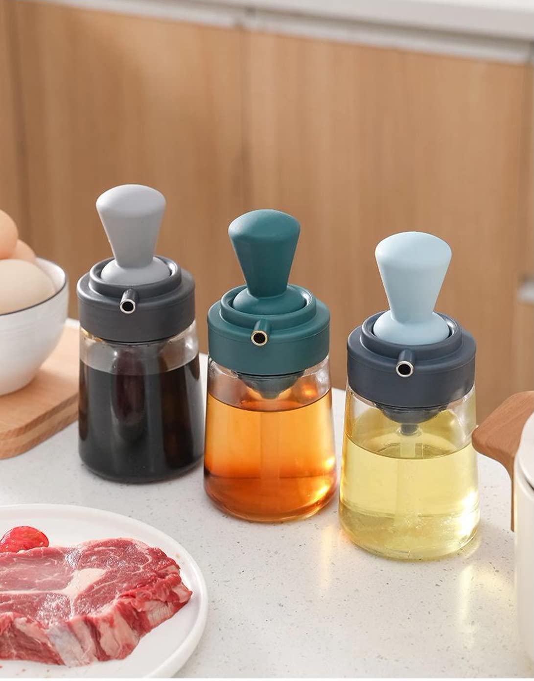 Premium Glass Olive Oil Bottle with Silicone Brush - 2-in-1 Oil Dispenser for Cooking, Frying, Baking & BBQ - Perfect for Kitchen, Air Fryer & Pancake Making (Grey)