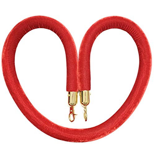 Red Velvet Stanchion Rope 60 Inch (5 Ft) - Premium Crowd Control Rope Barrier with Gold Plated Hooks for Events, Red Carpet, VIP Areas, and Theater Ropes