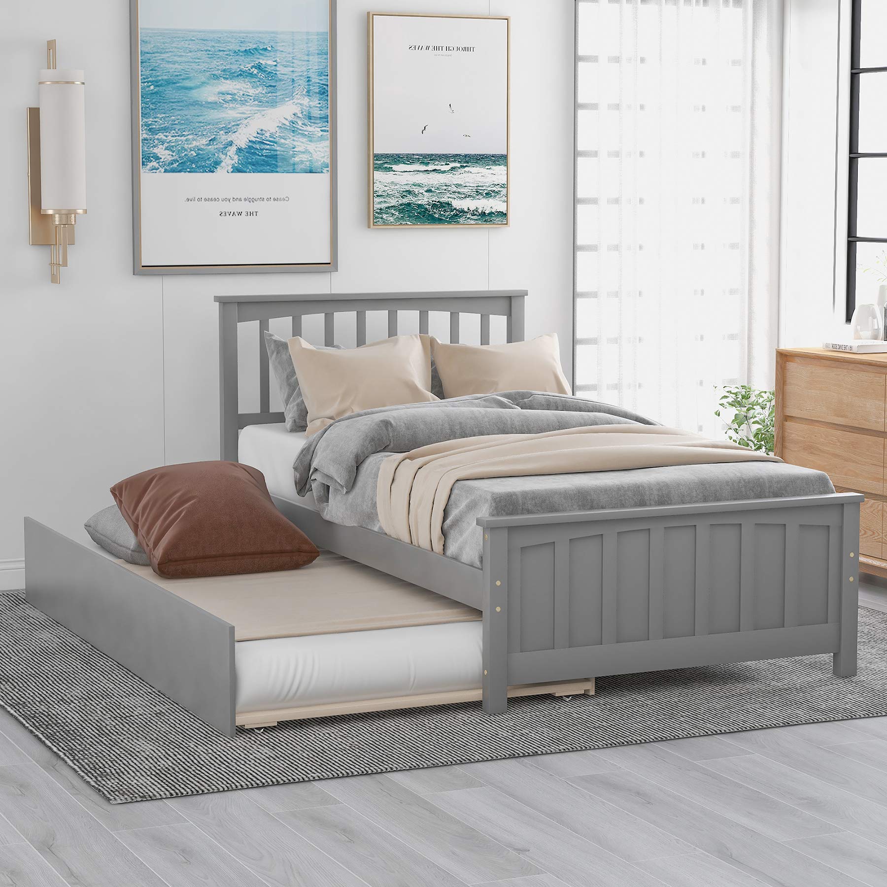 P PURLOVE Twin Size Wood Platform Bed Frame with Trundle - No Box Spring Needed, Gray - Perfect for Kids Rooms, Guest Beds & Small Spaces