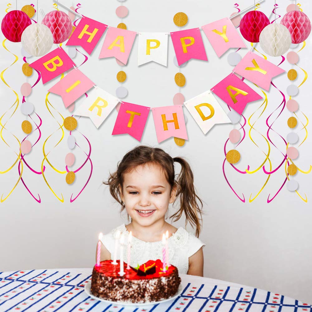 Pink Birthday Party Decorations Set - Happy Birthday Banner, Paper Honeycomb Balls, Circle Garland & Hanging Swirls - Perfect for Baby Showers, Bridal Showers & Birthday Celebrations