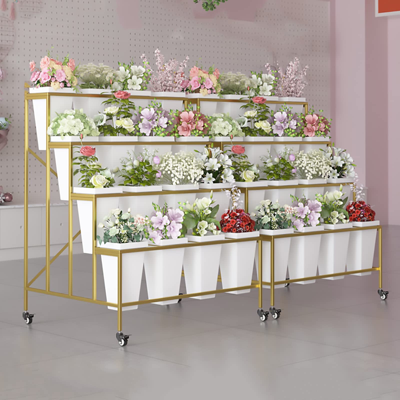 3-Tier Heavy Duty Metal Flower Display Stand with 12 Square Buckets & Wheels - Indoor/Outdoor Plant Cart for Garden, Patio, Living Room & Florist Use - White Rolling Plant Shelf for Easy Moving & Decoration