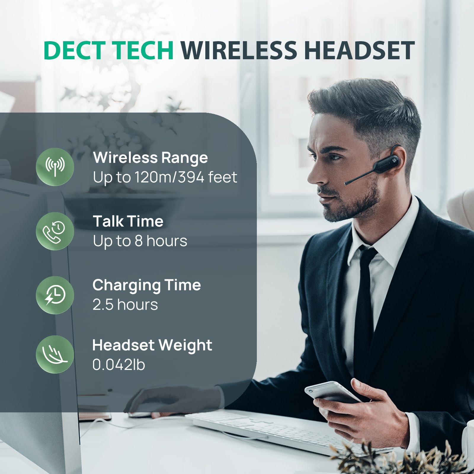 Yealink WH67 Wireless DECT Headset - Teams Certified with 120m/394ft Range, 8H Talk Time, Noise Canceling Mic, Bluetooth & USB-A - Compatible with PC, Laptop, Desk Phone & Cell Phone - Perfect for Remote Work, Call Centers & Office Meetings