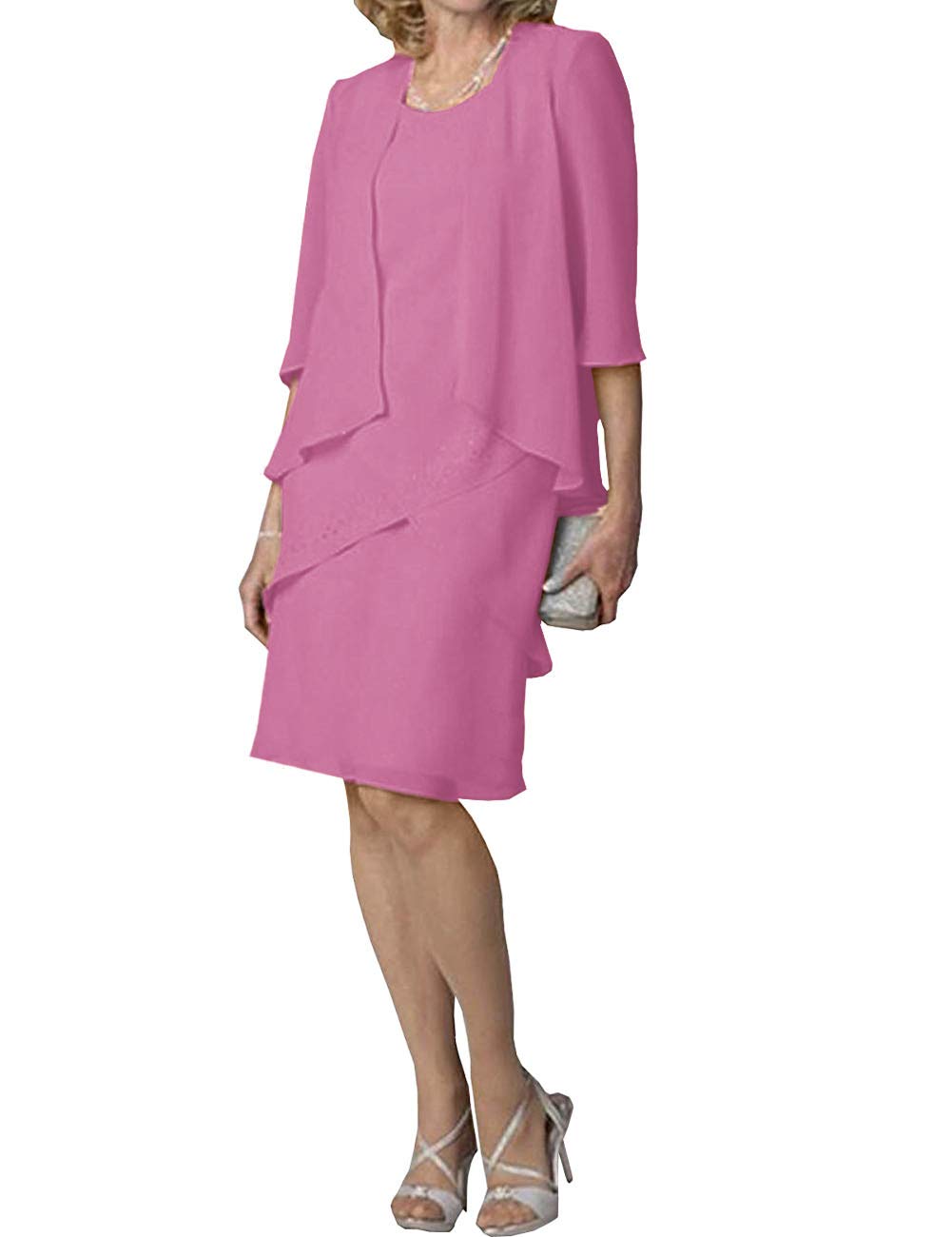 Elegant Mother of The Bride Dress - Short Chiffon Evening Gown with 3/4 Sleeve Jacket & Tiered Skirt | Perfect for Weddings, Formal Parties & Special Occasions