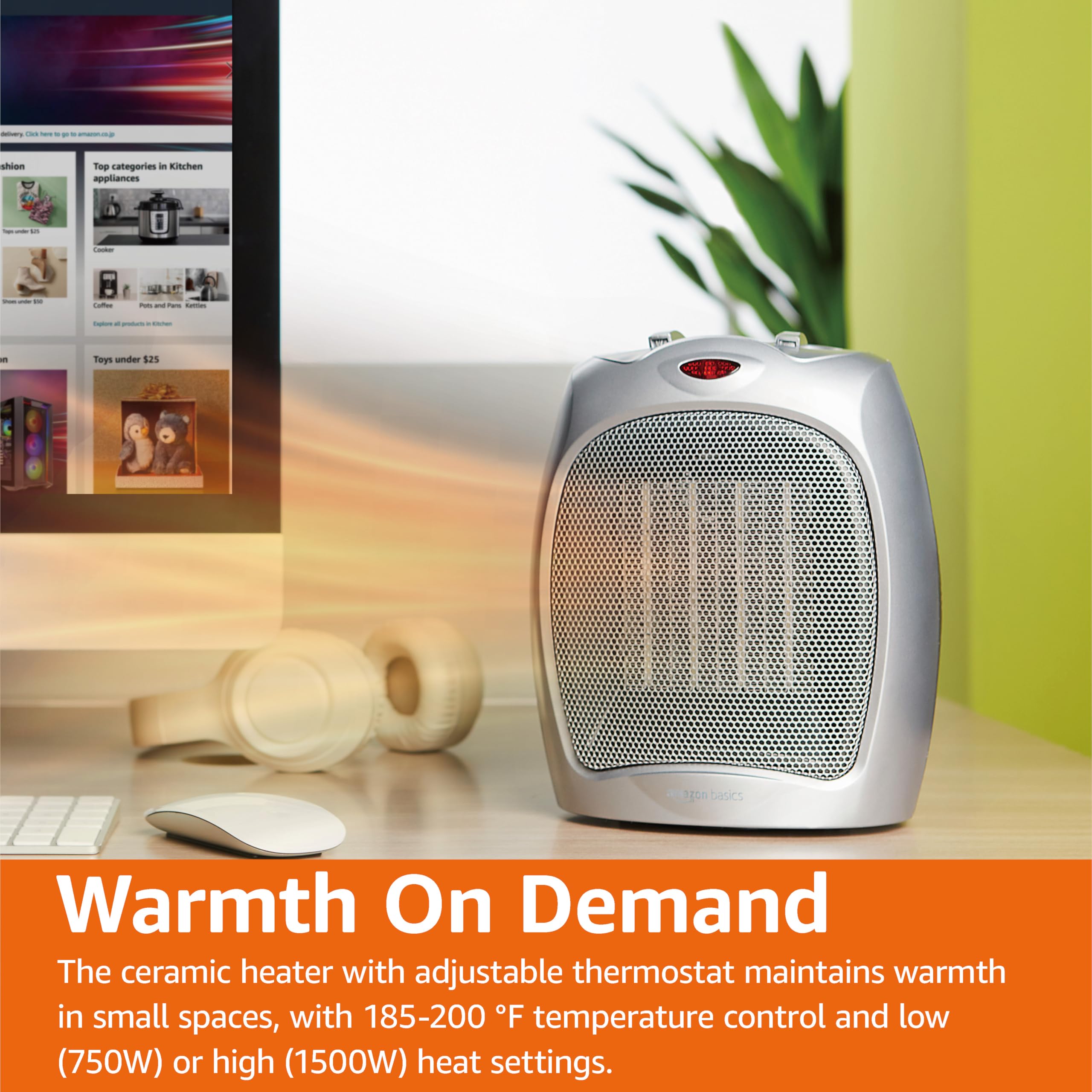 Amazon Basics Ceramic Space Heater - 1500W Portable Electric Heater with Thermostat, Overheat & Tip-Over Protection for Home, Office, Bedroom - Compact 7.52