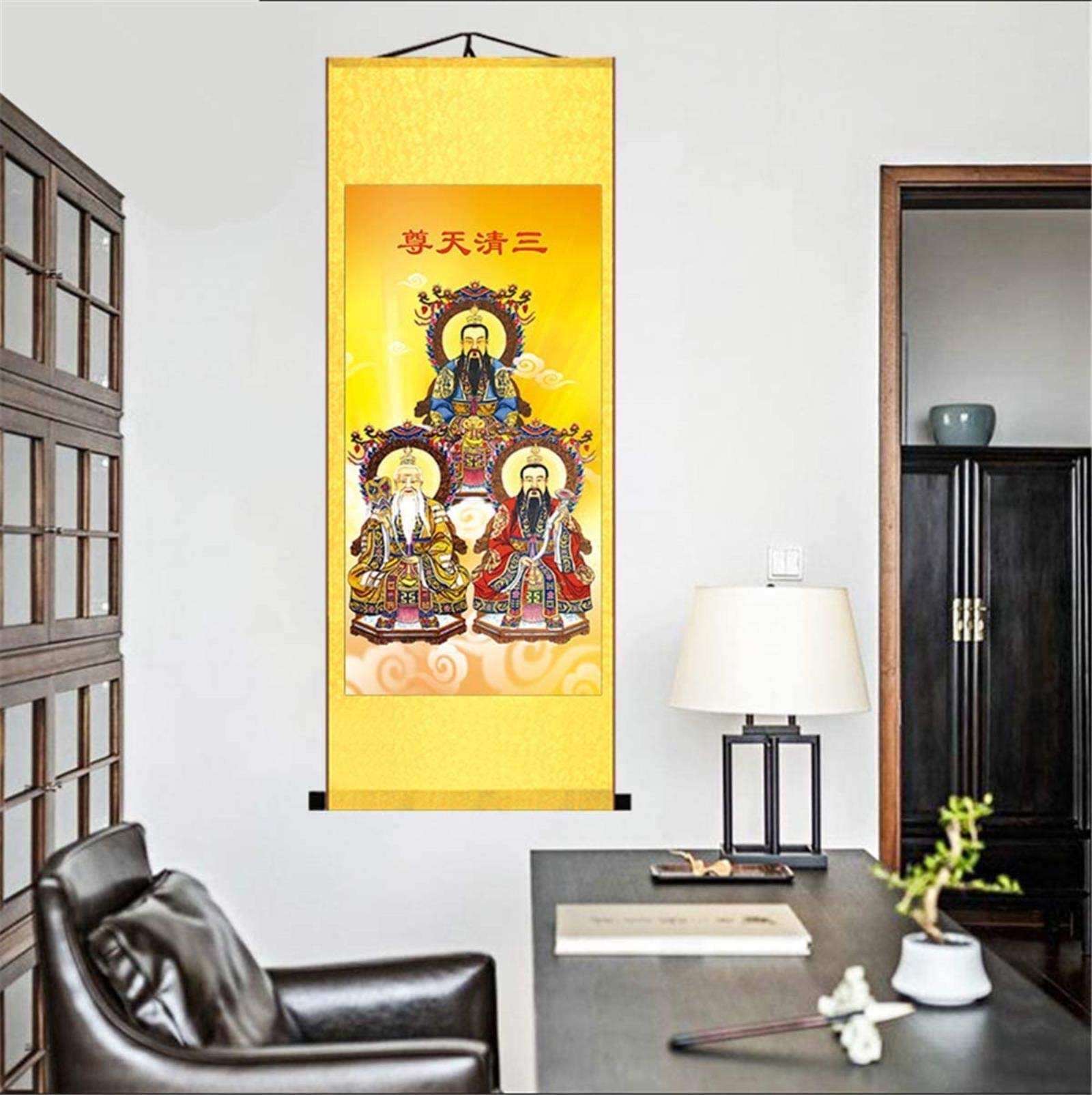 Authentic Chinese Taoist Landscape Scroll Painting - Handmade Silk Wall Art with Triple Purity Design, 12×31 Inch - Perfect for Home Decor, Meditation Rooms & Asian-Themed Interiors