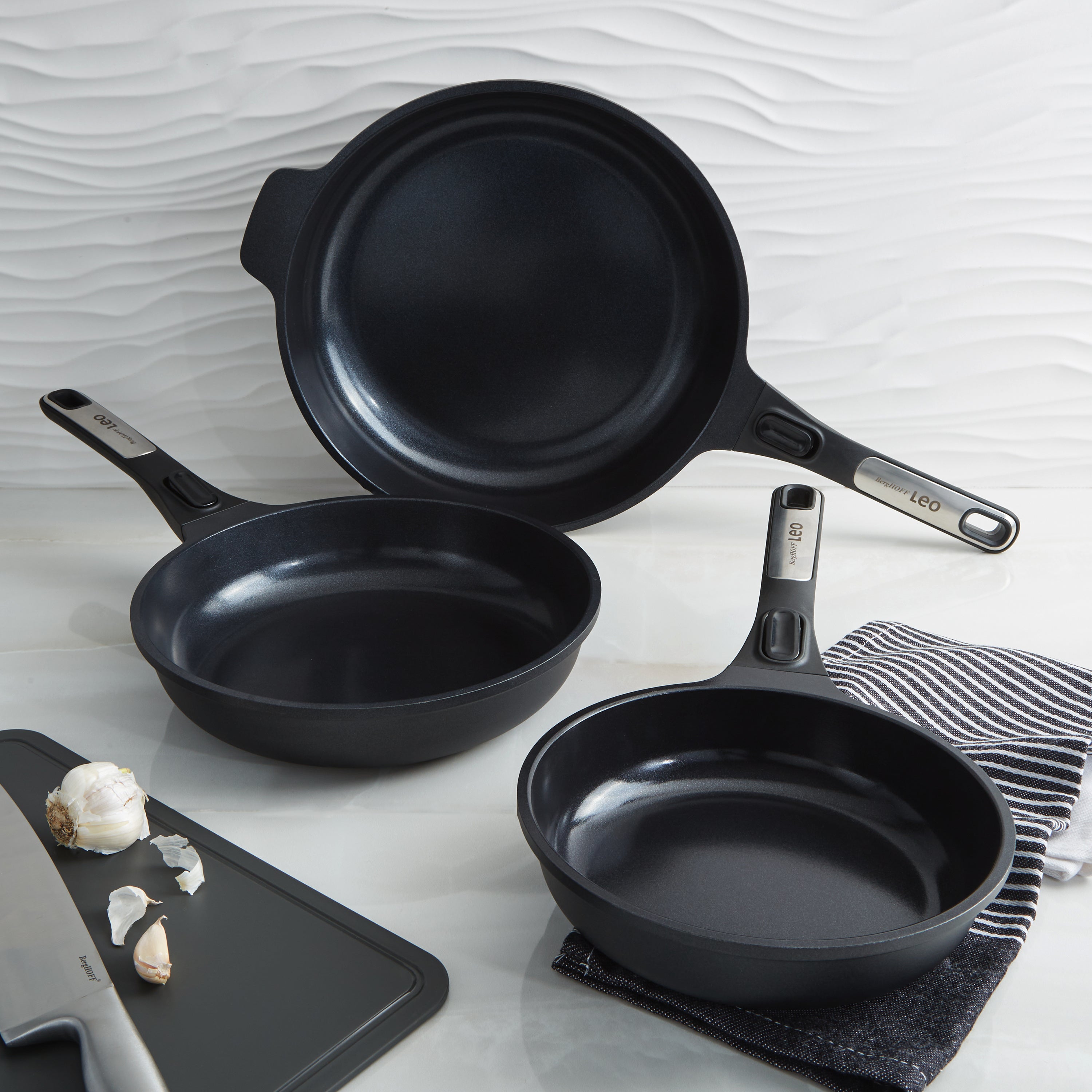 BergHOFF Leo Phantom 3-Piece Nonstick Ceramic Frying Pan Set with Recycled Materials - Perfect for Sauteing, Frying & Healthy Cooking in Modern Kitchens