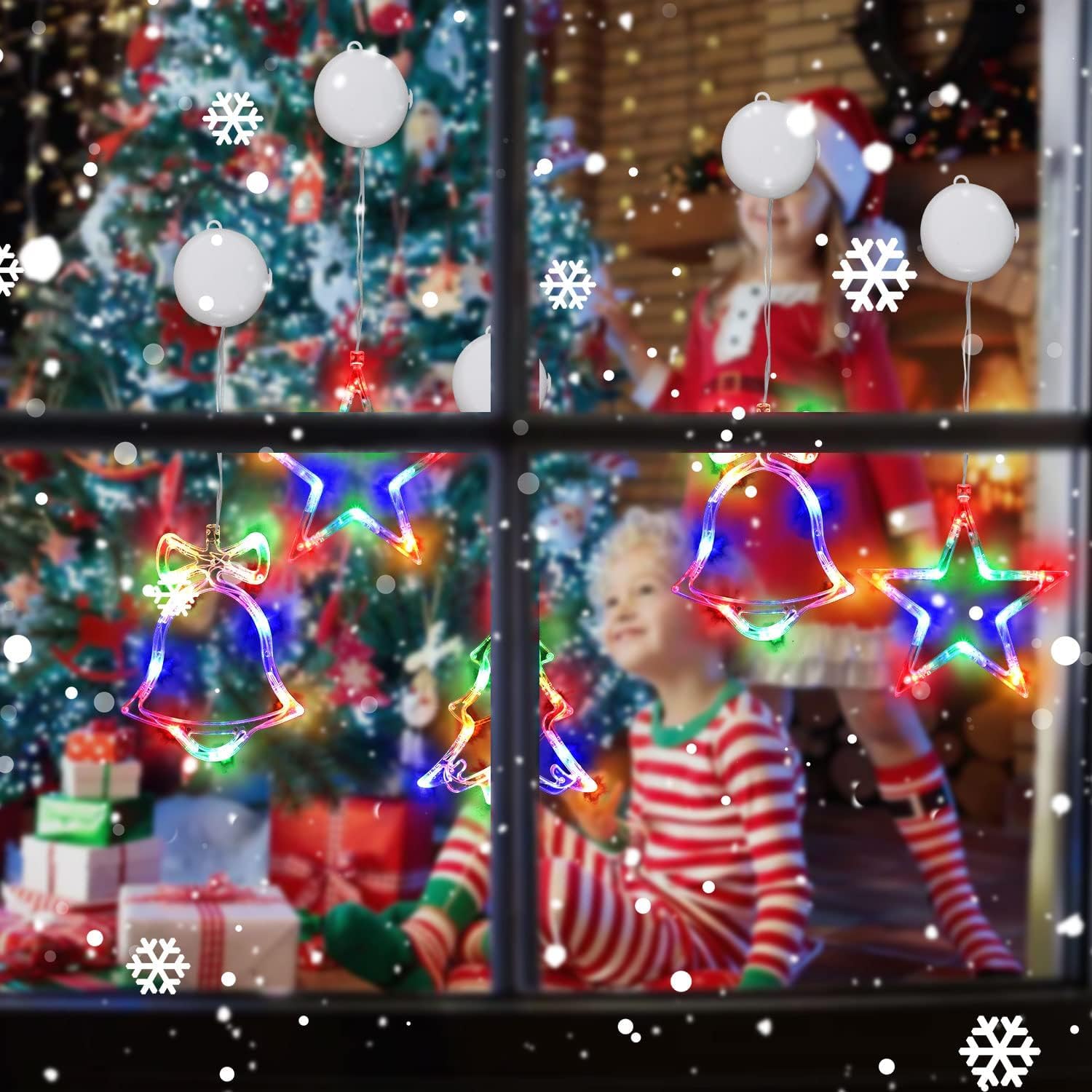 3PCS Christmas Window Lights Decorations - Battery Operated LED Star & Jingle Bell String Lights with Suction Cups for Indoor Fireplace, Tree & Holiday Decor - Perfect for Christmas, New Year & Winter Home Decoration