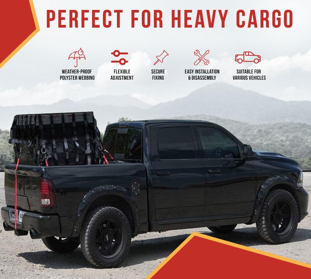 **Mytee Products Heavy Duty Truck Bed Cargo Net - 8.75' x 10' Large Vinyl Cargo Net for Pickup Trucks with 18 oz Vinyl, S-Hooks & Ratchets | Secure & Organize Gear for Camping, Moving & Hauling**