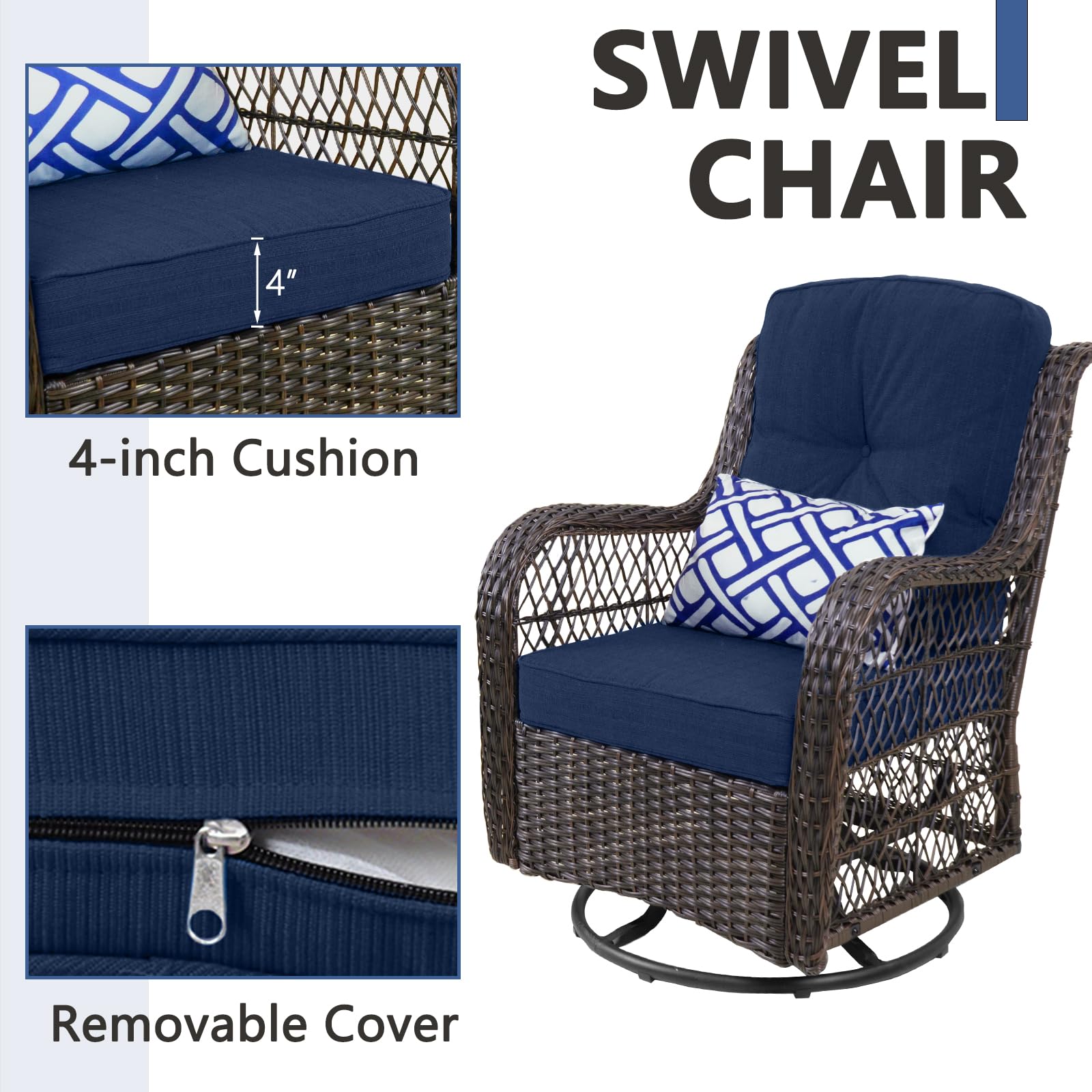 3-Piece Outdoor Swivel Rocking Patio Furniture Set - Blue PE Wicker Rattan Chairs with Glass Table & 2 Cushions - Perfect for Garden, Poolside & Backyard Relaxation