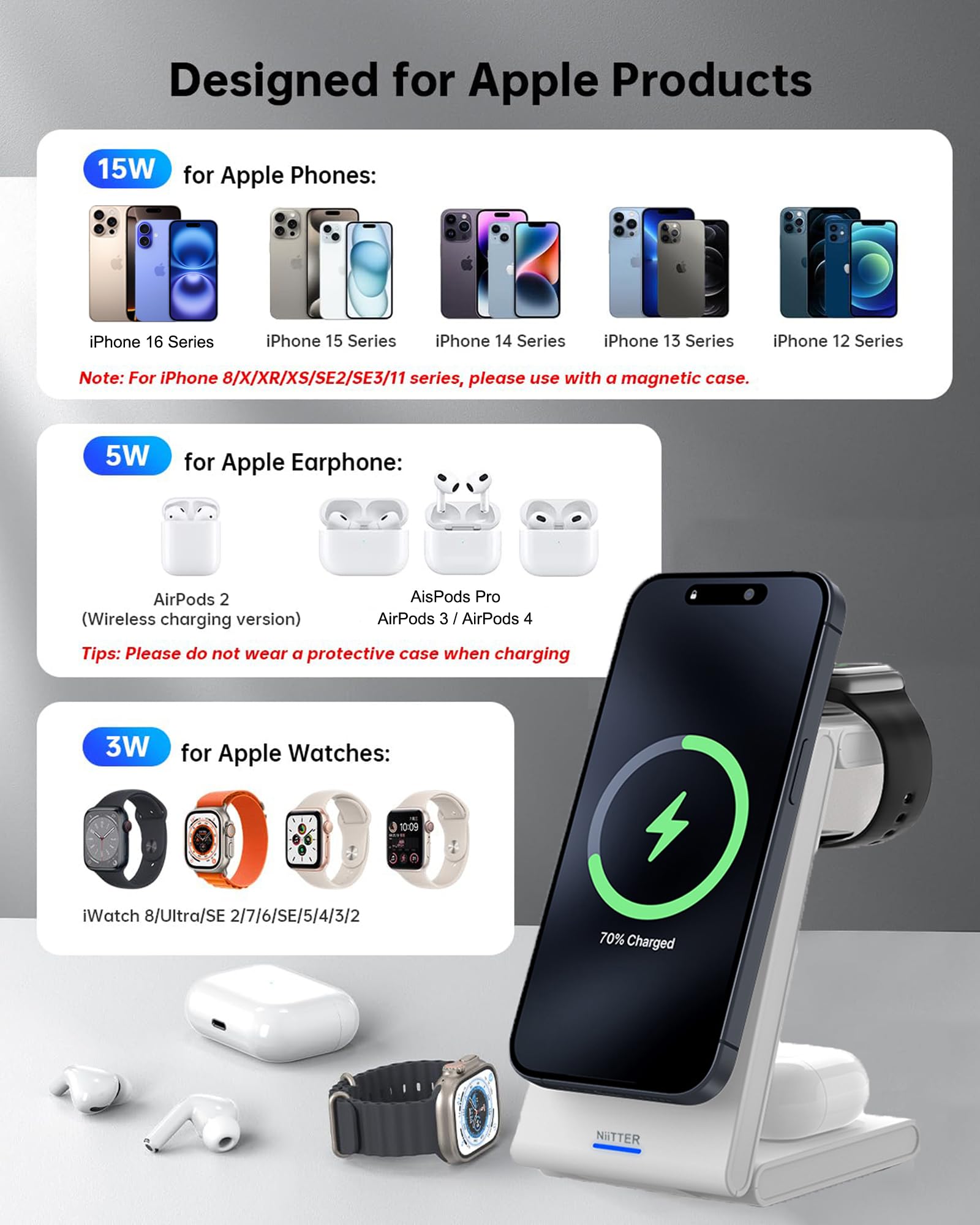 3-in-1 Magnetic Wireless Charging Station for iPhone 16/15/14/13/12, Apple Watch & AirPods - Foldable Fast Travel Charger with 20W PD Adapter - Perfect for Home, Office & Travel Use
