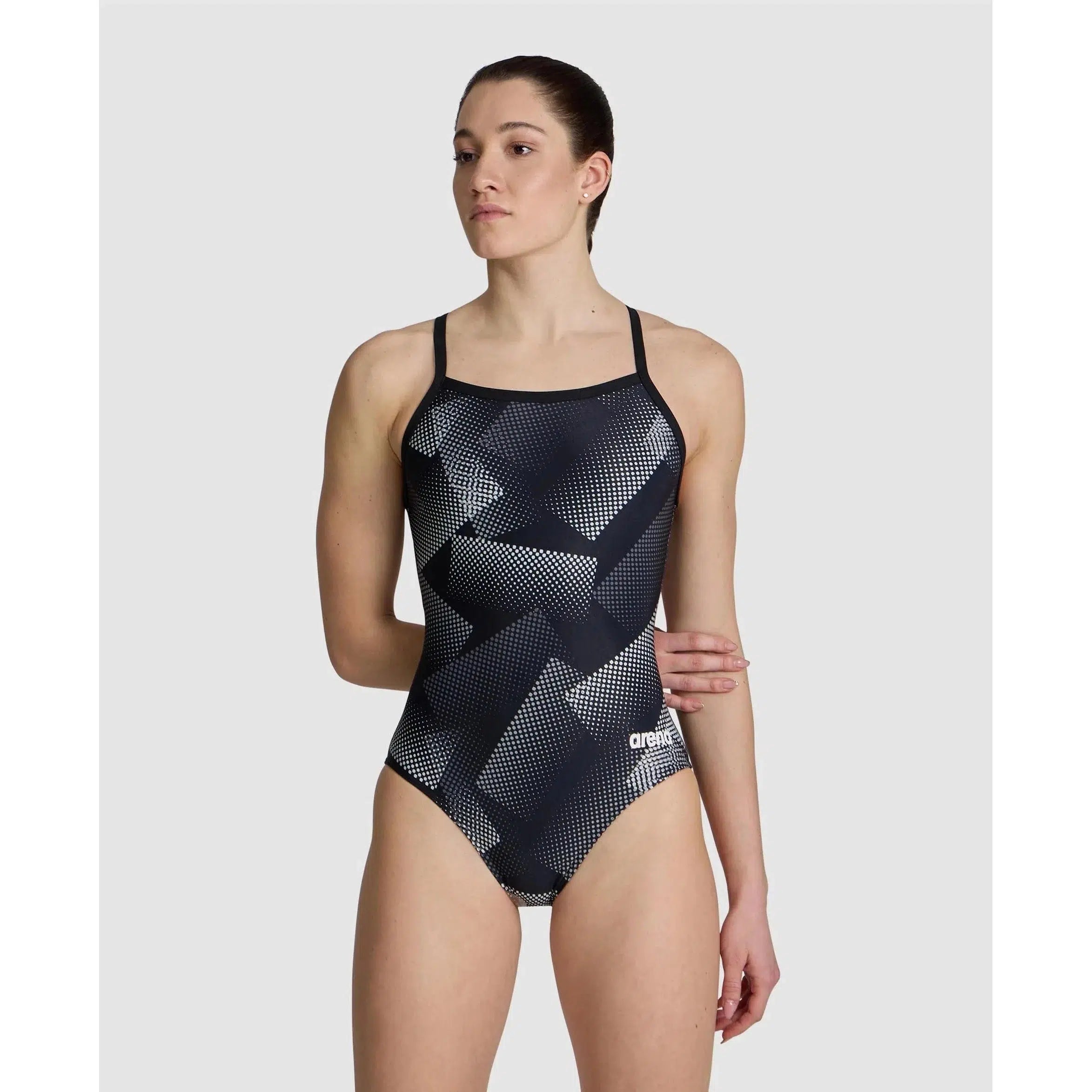 Halftone Light Drop Back One Piece Swimsuit - Black | Stylish One-Shoulder Bathing Suit for Women, Perfect for Beach Vacation, Pool Party and Summer Getaway