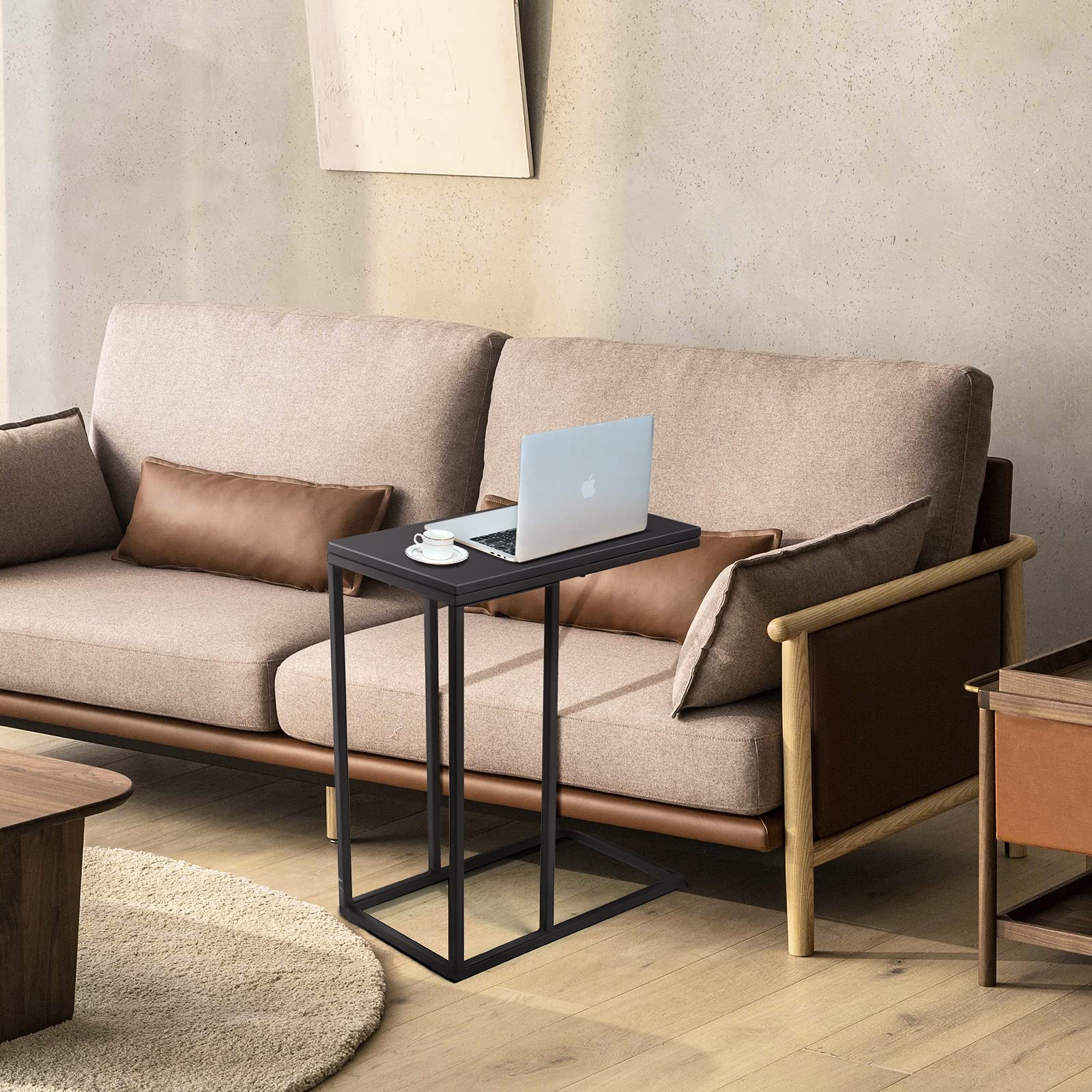 Hysache Industrial Narrow C-Shaped Side Table with Metal Frame & Rectangle MDF Top - Black End Table for Couch, Sofa, Living Room, Bedroom & Home Office - Perfect for Small Spaces, Reading Nooks & Coffee Cup Placement (HW54186)