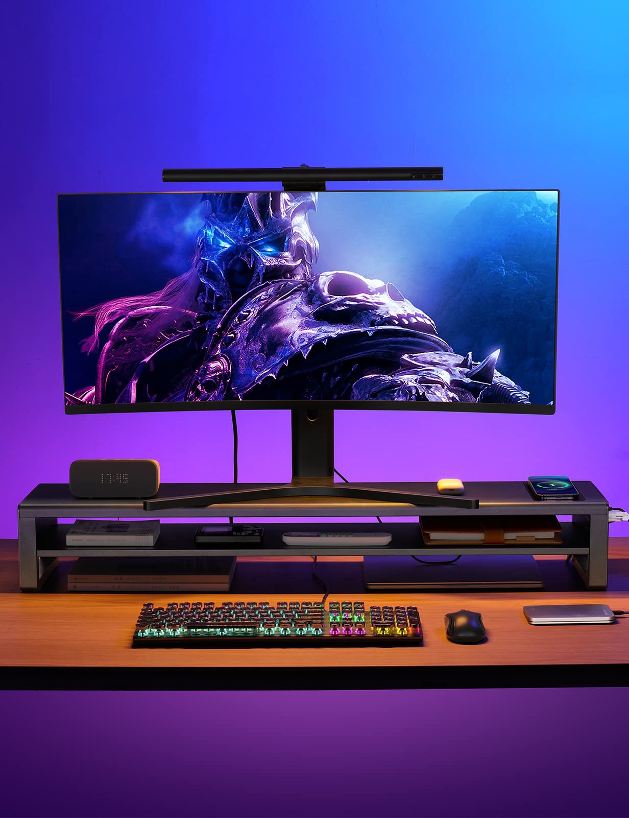 STARSIKI 2 Tier Dual Monitor Stand with Wireless Charger & 4 USB 3.0 Hub - Heavy Duty Metal Monitor Riser for PC, Laptop, TV, Printer - Space Saving Desk Organizer for Home Office & Gaming Setup