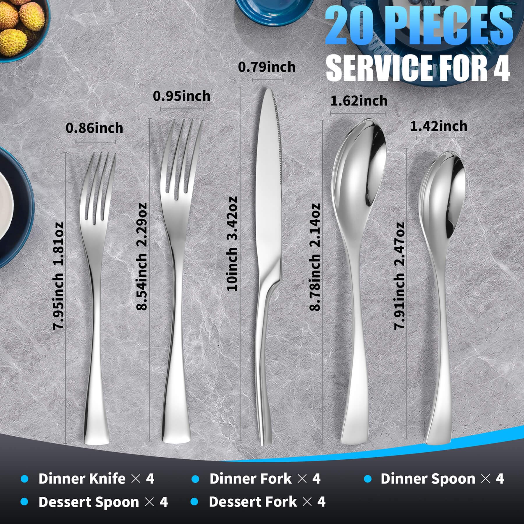 20-Piece Stainless Steel Silverware Set for 4 - 18/10 Heavy Duty Flatware with Forged Knife, Mirror Polished Cutlery Set (Forks, Spoons, Knives) - Dishwasher Safe - Perfect for Dinner Parties, Restaurants & Everyday Dining