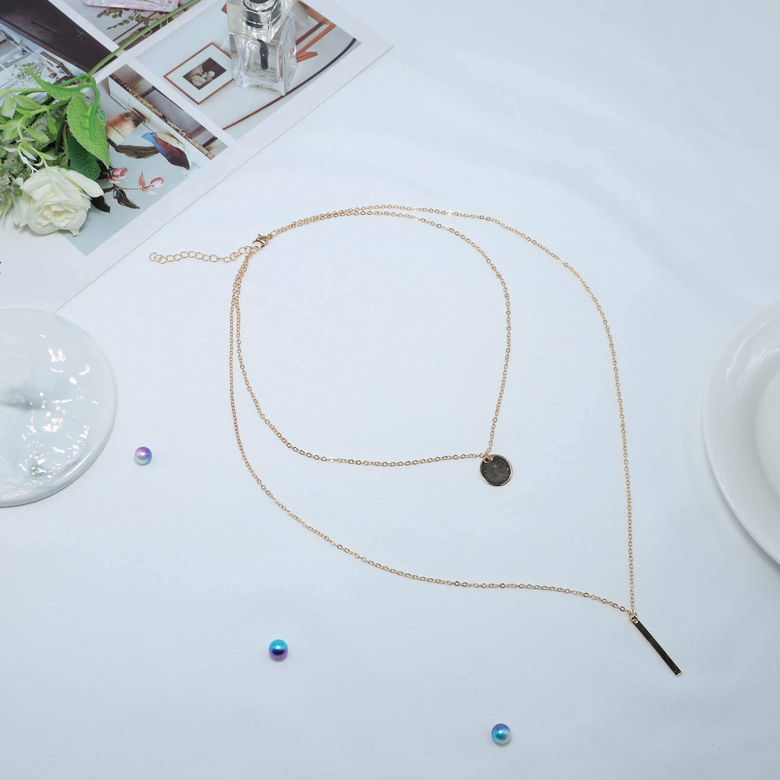 YienDoo Multilayer Gold Sequin Necklace - Round Disc & Vertical Bar Pendant Layered Charm Chain Jewelry for Women and Girls | Perfect for Parties, Weddings, and Everyday Elegance
